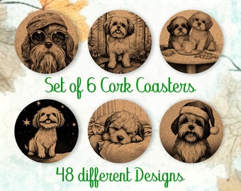 Shih Tzu, regalo de posavasos, Juego de 6, Posavasos de corcho con soporte, Posavasos absorbentes para amantes de los perros, Posavasos de bebidas personalizados - CA018