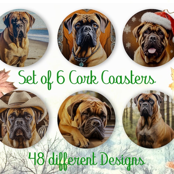 Bullmastiff, cadeau de sous-bocks, lot de 6, sous-bocks en liège colorés avec support, sous-bocks absorbants pour les amoureux des chiens, sous-bocks personnalisés - CA141