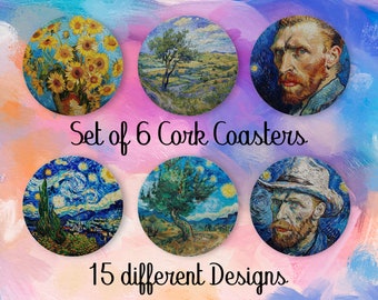 Sottobicchieri Vincent van Gogh, Set di 6, Sottobicchieri colorati con supporto, Sottobicchieri assorbenti, Decorazioni per la casa, Regalo per la nuova casa, Sottobicchieri artistici - CA171