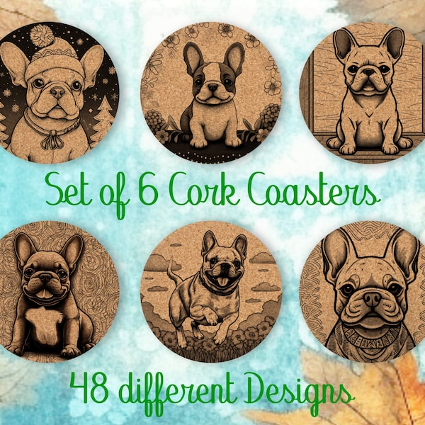 Franse Bulldog, Coasters Gift, Set van 6, Cork Coasters met houder, absorberende Coasters voor hondenliefhebbers, gepersonaliseerde Drink Coasters - CA005