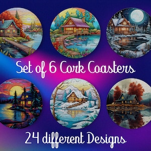 Sottobicchieri Lake House, set di 6, sottobicchieri in sughero colorato con supporto, sottobicchieri assorbenti, arredamento Lake House, sottobicchieri personalizzati - CA159
