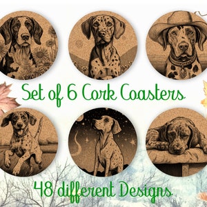 Puede incluir: Conjunto de seis posavasos de corcho con ilustraciones en blanco y negro de perros. Los posavasos tienen un fondo de corcho marrón y presentan diferentes razas de perros. El texto "Set of 6 Cork Coasters" y "48 different Designs" está impreso en la imagen.