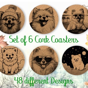 Posavasos de corcho con soporte, juego de 6, diseño de Pomerania, posavasos absorbentes para amantes de los perros, posavasos personalizados para bebidas - CA019