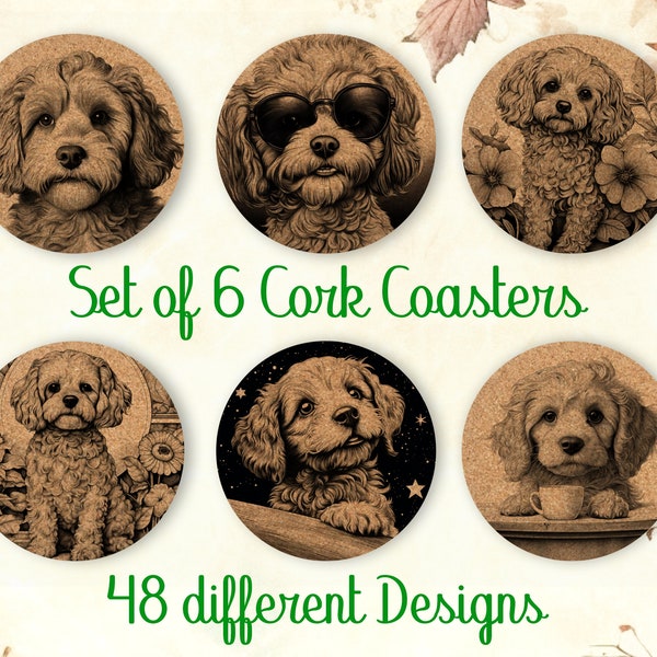 Cavapoo Dog, Coasters Gift, Set of 6, Cork Coasters with Holder, Absorbent Coasters for Dog Lovers, Personalized Drink Coasters - CA079