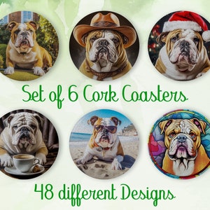English Bulldog, Coasters Gift, Set of 6, Cork Coasters with Holder, Absorbent Coasters for Dog Lovers, Personalized Drink Coasters - CA092