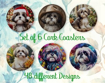 Shih Tzu, regalo de posavasos, Juego de 6, Posavasos de corcho de color con soporte, Posavasos absorbentes para amantes de los perros, Posavasos de bebidas personalizados - CA111