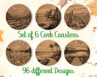 Natural Landscapes, Coasters Gift, Set of 6, Cork Coasters with Holder, Absorbent Coasters, Nature Art Decor, Personalized Coasters - CA058