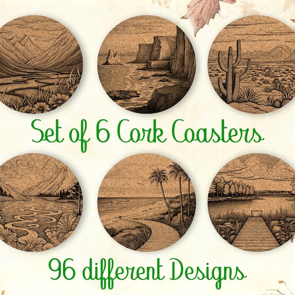 Natural Landscapes, Coasters Gift, Set of 6, Cork Coasters with Holder, Absorbent Coasters, Nature Art Decor, Personalized Coasters - CA058