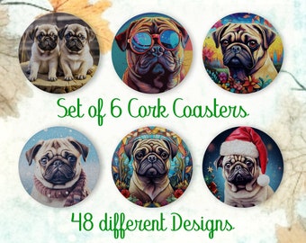 Pug, regalo de posavasos, juego de 6, posavasos de corcho de color con soporte, posavasos absorbentes para amantes de los perros, posavasos de bebidas personalizados - CA101