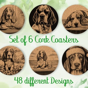 Basset Hound, regalo de posavasos, juego de 6, posavasos de corcho con soporte, posavasos absorbentes para amantes de los perros, posavasos de bebidas personalizados CA045 imagen 1