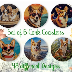 Pembroke Welsh Corgi, Set of 6 Color Cork Coasters with Holder, Absorbent Coasters for Dog Lovers, Personalized Drink Coasters - CA088