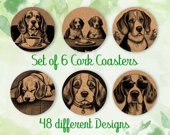 Beagle, Regalo de posavasos, Juego de 6, Posavasos de corcho con soporte, Posavasos absorbentes, Regalo para amantes de los perros, Posavasos de bebidas personalizados - CA008