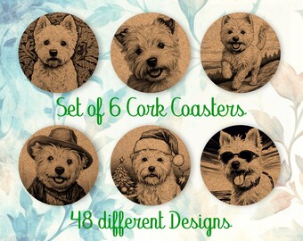 West Highland White Terrier, Coasters, Set van 6, Cork Coasters met houder, absorberende Coasters voor hondenliefhebbers, gepersonaliseerde Coasters - CA036
