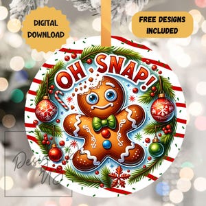 May include: A round Christmas ornament with a white background and red and white stripes. A gingerbread man with a bite taken out of it is in the center of the ornament. The gingerbread man is wearing a green bow tie and has a red candy button on his belly. The ornament says "Oh Snap!" in red and white letters.