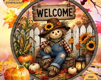 Fall Welcome Png Scarecrow Door Hanger Autumn Front Door Wreath Farmhouse Pumpkin Sunflower Sign
