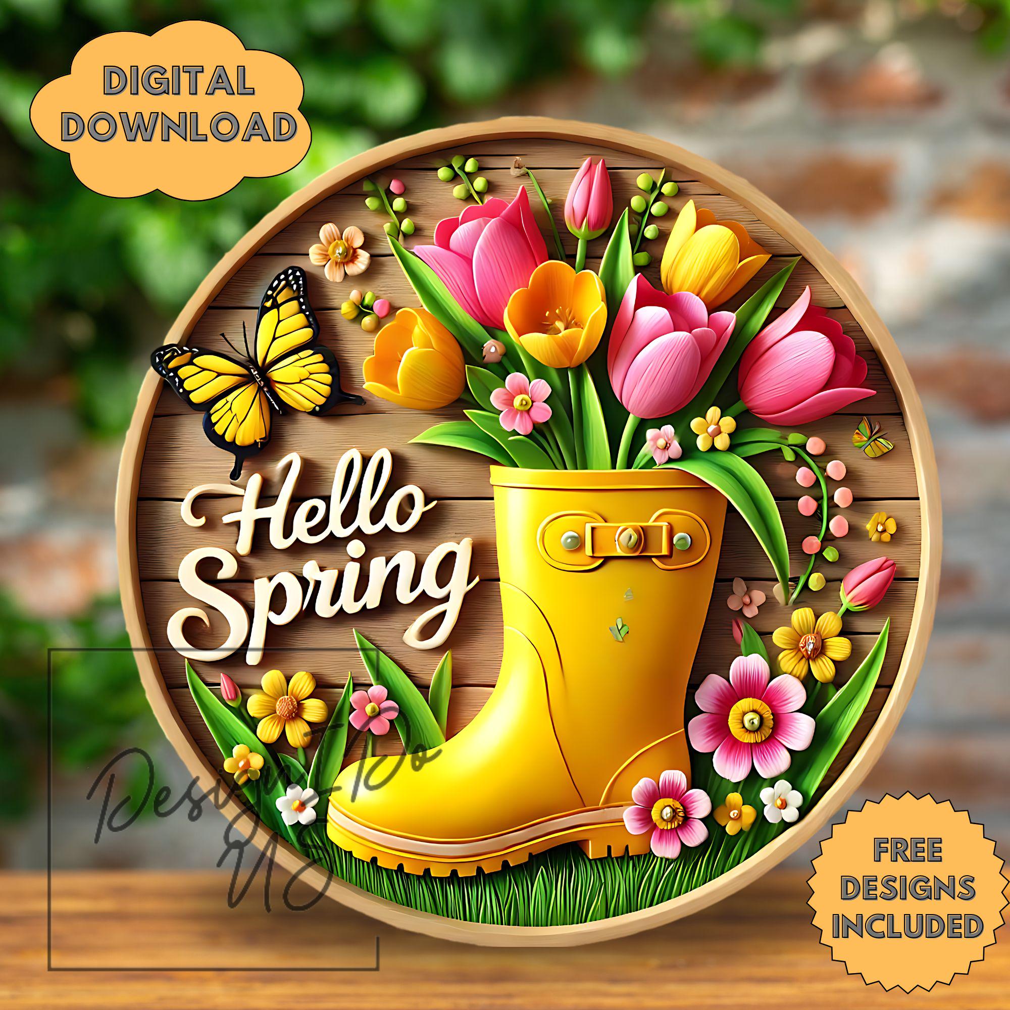 3D Hello Spring Png, Yellow Floral Welcome Sign, Round Sublimation