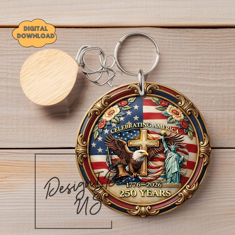 May include: A round keychain with a patriotic design. The keychain features an American flag, an eagle, the Statue of Liberty, and the text "Celebrating America 1776-2026 250 Years." The keychain has a gold-colored border and a silver keyring.