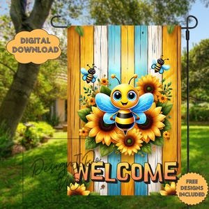 May include: A welcome garden flag with a yellow and blue striped wooden background. A cartoon bee with blue wings is surrounded by sunflowers. The text "WELCOME" is printed in orange on the flag.
