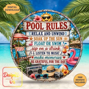 Peut inclure: Un panneau rond avec un fond en planches de bois affichant le texte POOL RULES et des activités estivales. Il présente un soleil avec des lunettes de soleil, une chaise de plage, une bouée flamant rose, un ghetto-blaster, un chapeau et un appareil photo.