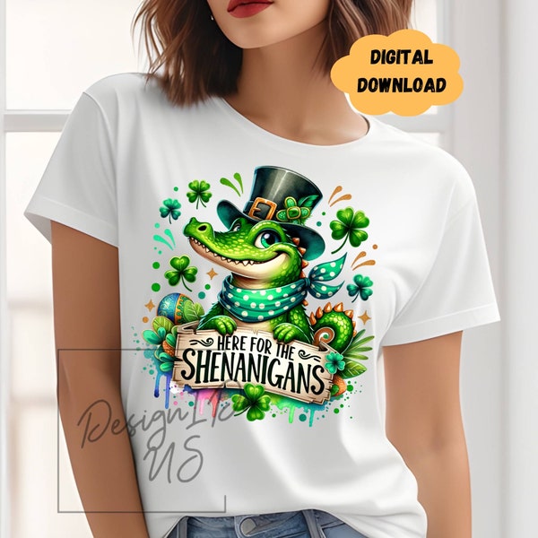 St Patrick's Day Alligator Clipart Camisa Sublimación Diseño Descarga Digital PNG, Descarga Instantánea, Shenanigans Camiseta PNG, Copa de Vidrio PNG