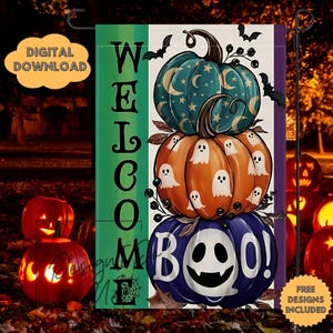 May include: A Halloween garden flag featuring stacked pumpkins. The top pumpkin is teal with a crescent moon and star design. The middle pumpkin is orange with ghost designs, and the bottom pumpkin is blue with the word "BOO!" and a smiling ghost face. The flag also says "WELCOME".