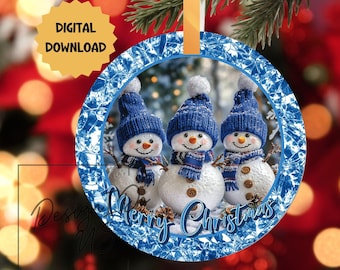 3D Snowman Christmas Ornament Sublimation PNG, 300 dpi, Diamond Instant Digital Download, Holiday Round Ornament PNG, royal blue dtf design