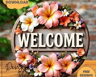 3D Welcome PNG Sublimation Clipart – Plumeria Floral Wreath, Tropical Door Hanger & Wind Spinner, Instant Digital Download, DTF Design
