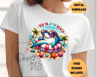 Tot ziens op het strand! Haai clipart shirt sublimatie PNG, zomervakantie digitale download PNG, strandsticker png, oceaan sticker glazen beker PNG
