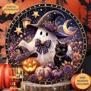 May include: A circular digital illustration featuring a white ghost wearing a purple witch hat with flowers, a plaid bow, and a pumpkin charm. A black cat with a crescent moon collar sits beside a glowing jack-o'-lantern and purple pumpkins.