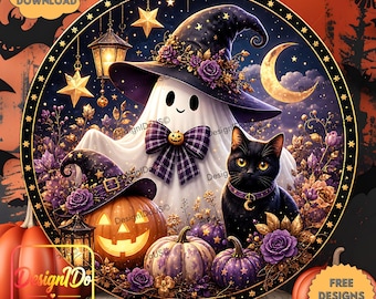 Halloween Round Sign PNG Ghost Rustic Wreath Pumpkin Lantern Wind Spinner Sublimation Digital Download