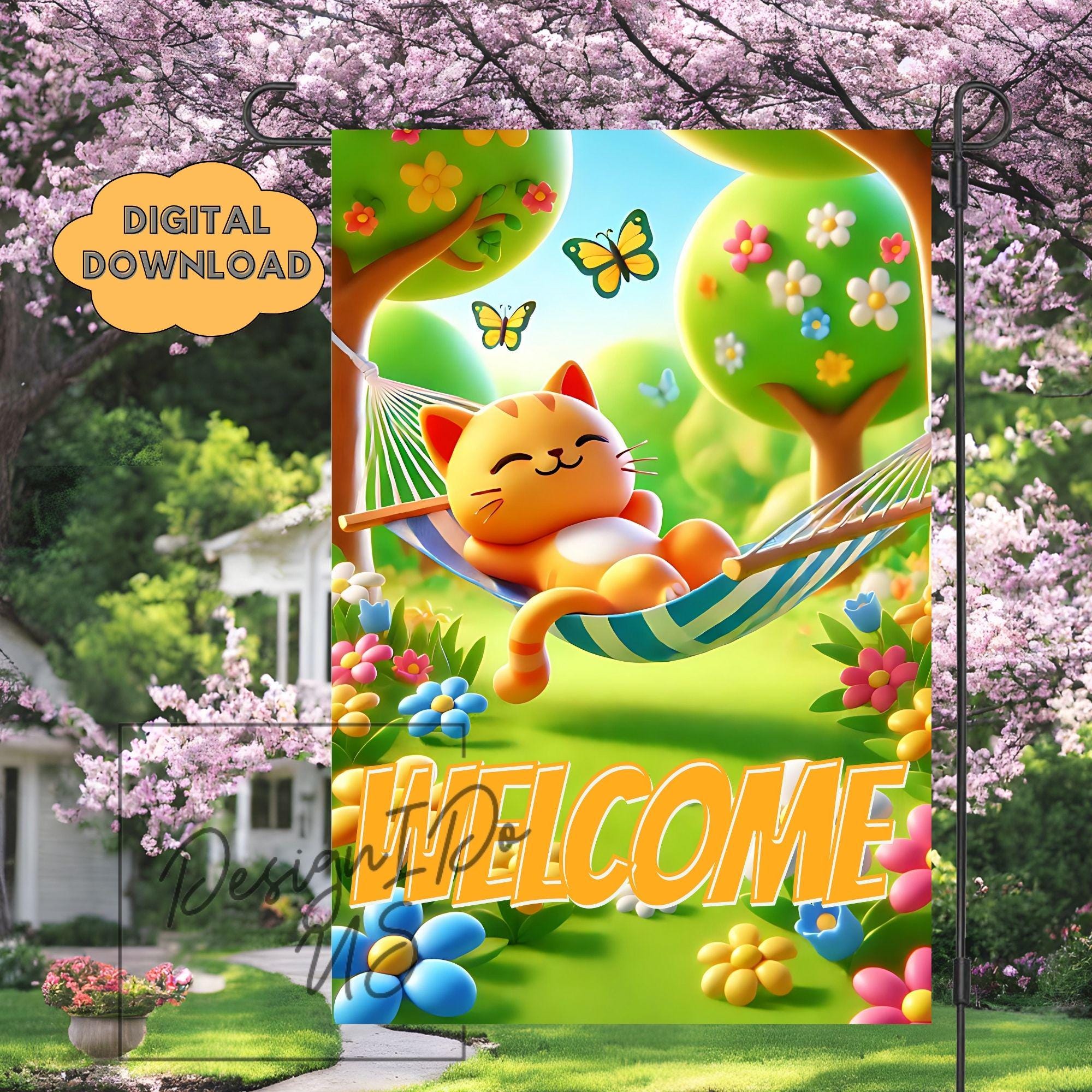 Garden Flag Png, Cat Welcome Sign Sublimation PNG, Instant Digital ...