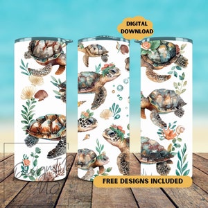 Sea Turtles Ocean 20 oz Skinny Tumbler Sublimation Design, Straight & Tapered Tumbler Wrap, Floral Coral Turtle Instant Digital Download PNG