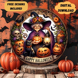 Witch Happy Halloween Round Sublimation PNG, Instant Digital Download, Spooky Wreath Sign, Horror Welcome Door Hanger, Pumpkin Home Decor