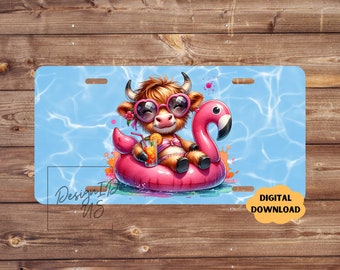 Highland Cow Beach nummerplaat sublimatie ontwerp digitale download png zomer auto nummerplaat png, 12 bij 6 in sublimatie auto nummerplaat