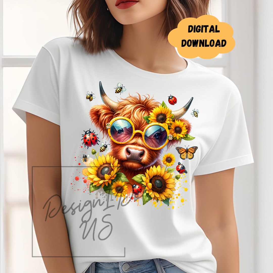 Highland Cow Sunflower Ladybug Clipart Shirt Sublimation Design Digital ...