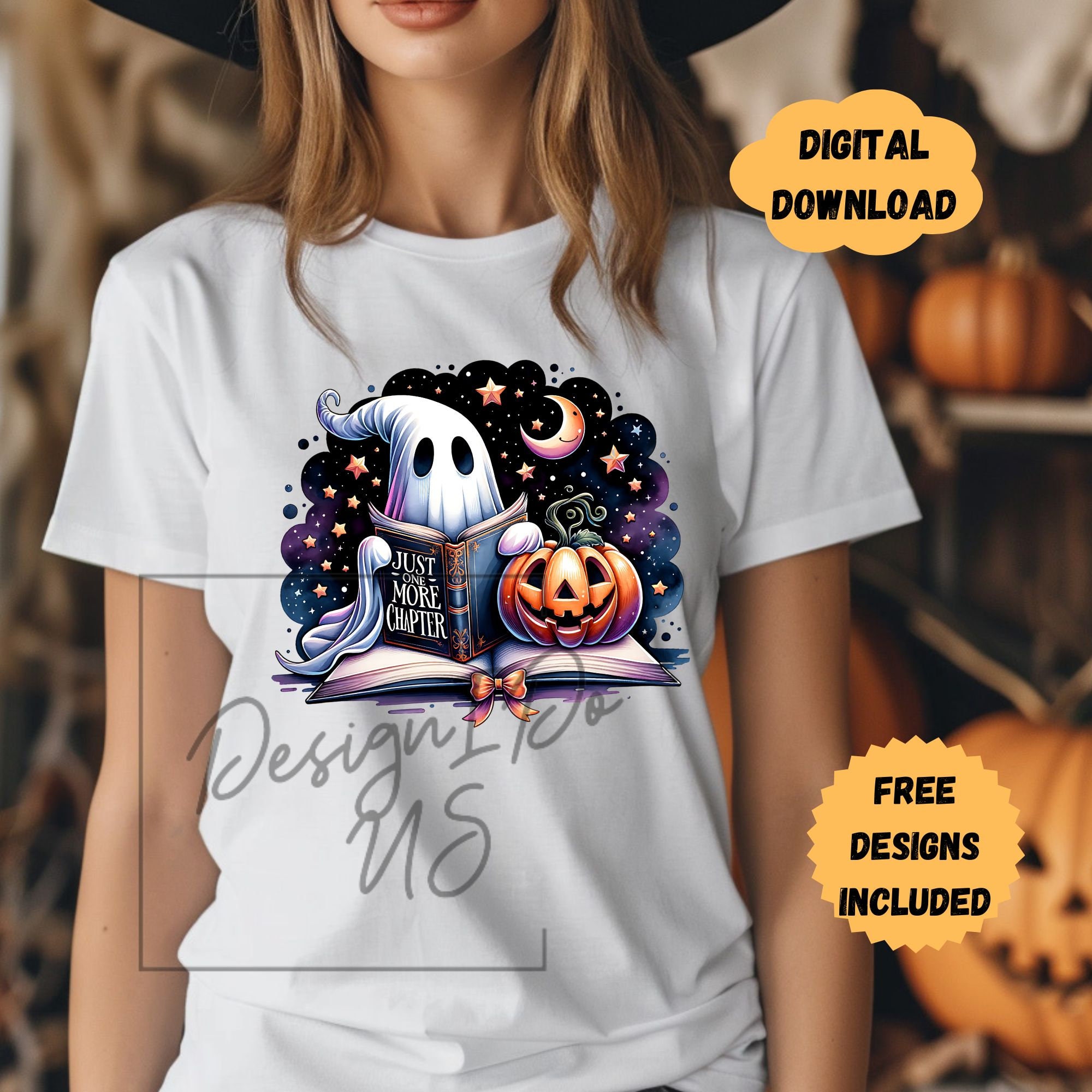 Halloween Book Reading Ghost Clipart Png, One More Chapter Horror Shirt ...