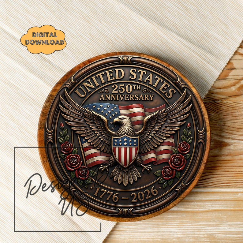 May include: A circular wooden design with a bronze eagle, American flag, and the text "UNITED STATES 250TH ANNIVERSARY 1776-2026". The design includes red roses. The diameter is approximately 20 cm.