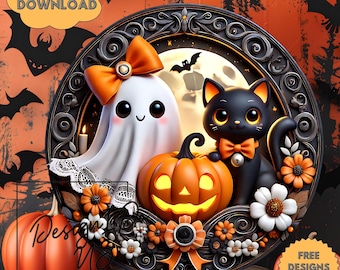 3D Halloween Welcome Png, Lace Ghost Sublimation, Spooky Wreath Sign & Rustic Door Hanger Clipart, Digital Download, Wind Spinner Wall Art