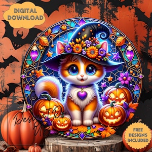 May include: A digital download image featuring a cartoon cat wearing a witch hat, surrounded by jack-o'-lanterns and fall foliage. The cat has orange and white fur, big blue eyes, and a purple heart pendant. The image has the text "DIGITAL DOWNLOAD" and "FREE DESIGNS INCLUDED".