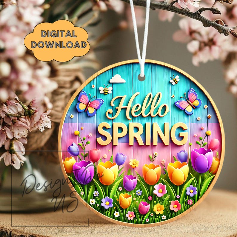 Spring Welcome Sign Digital 3D Hello Spring Welcome Sign Round Sublimation PNG, Instant Digital ...