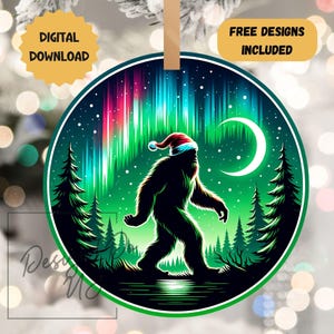 Santa Sasquatch Christmas Printable Ornament Sublimation PNG, Holiday Instant Digital Download, Wreath Sign, Hanger Round Holiday Decor, dtf
