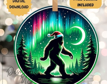 Santa Sasquatch Christmas Printable Ornament Sublimation PNG, Holiday Instant Digital Download, Wreath Sign, Hanger Round Holiday Decor, dtf
