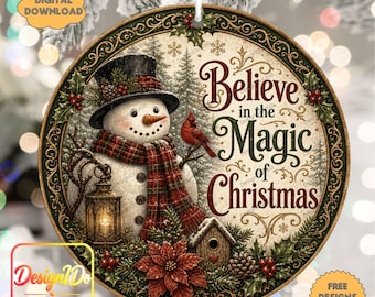 Christmas Snowman Round Ornament PNG Digital Download Vintage Holiday Wreath Door Sign Printable Coaster