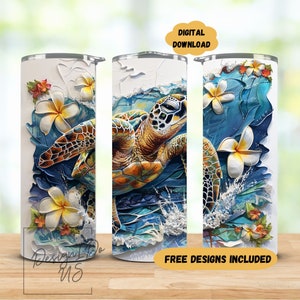 Puede incluir: Un diseño de descarga digital que presenta una colorida tortuga marina nadando en agua azul con flores blancas. El diseño es perfecto para crear un vaso personalizado u otros proyectos de bricolaje.