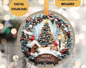 3D Vintage Style Cardinal Christmas Tree Ornament Sublimation PNG, Instant Digital Download, Burlap Winter Wreath Sign, Holiday Door Decor