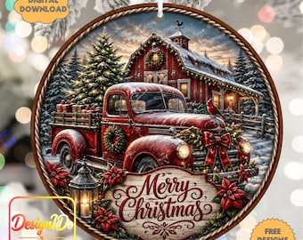 Christmas Red Truck Round Ornament PNG Digital Download Holiday Wreath Door Sign Printable Coaster
