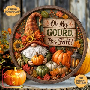 Het is herfst! Rond bord met kaboutermotief, PNG-bestand, rustieke boerderijstijl, herfst, pompoen, zonnebloem, sublimatie, digitale download.