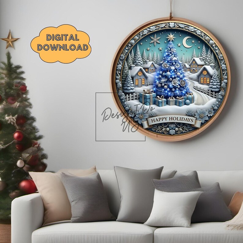 Christmas Tree PNG, Blue Welcome Sign Sublimation, Winter Wreath Sign ...
