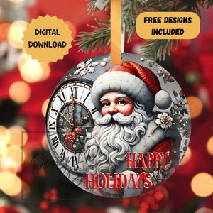 May include: A round Christmas ornament with a vintage-style illustration of Santa Claus and a clock face. The ornament has a white background with gold accents and the text "Happy Holidays".