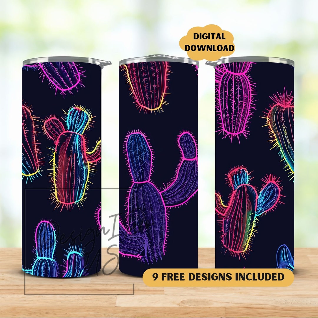 Neon Cactus Seamless 20 Oz Skinny Tumbler Sublimation Design PNG ...
